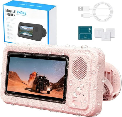 Shower Phone Holder Waterproof with Wireless Bluetooth Speaker, Hands-Free Shower Phone Holder for Any Phone, Wall Mounted Phoneholder for Bathroom Mirror (Pink)
