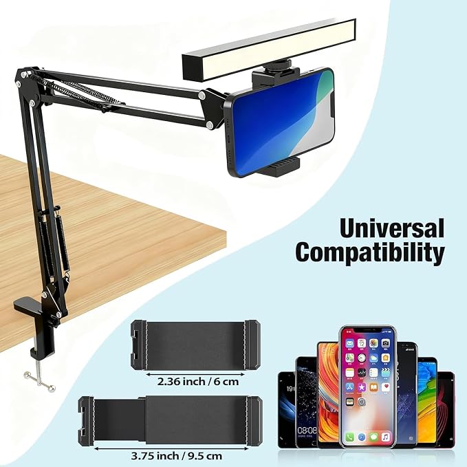 Desk Selfie Light with Overhead Phone Mount, Adjustable Arm & Phone Holder, USB Powered Video Light for Content Creation, Photo Shooting, Live Streaming，Video Recording