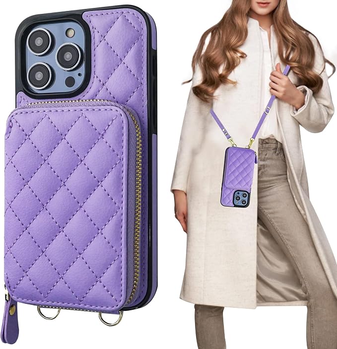 Bocasal Crossbody Wallet Case for iPhone 14 Pro Max, RFID Blocking PU Leather Zipper Handbag Purse Flip Cover, Kickstand Folio Case with Card Slots Holder Wrist Strap Lanyard 5G 6.7 Inch (Purple)