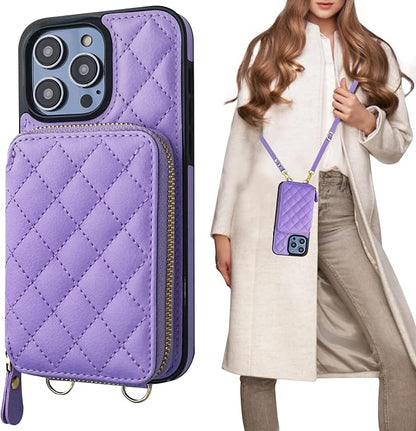 Bocasal Crossbody Wallet Case for iPhone 14 Pro Max, RFID Blocking PU Leather Zipper Handbag Purse Flip Cover, Kickstand Folio Case with Card Slots Holder Wrist Strap Lanyard 5G 6.7 Inch (Purple)