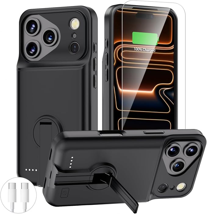 BOPPS Battery Case for iPhone 17 Pro with Stand,Ultra Slim 8500mAh Portable Rechargeable Strong Protective Extended Charger Cover for iPhone 17 Pro Charging Case-6.3inch Black