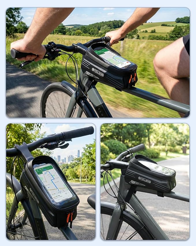 Bike Phone Front Frame Bag, Water-Resistant Bicycle Top Tube Bag, Sensitive Touch Screen Bike Phone Mount Holder for Road Mountain E-bike, Cycling Pouch, Bike Accessories for Phones
