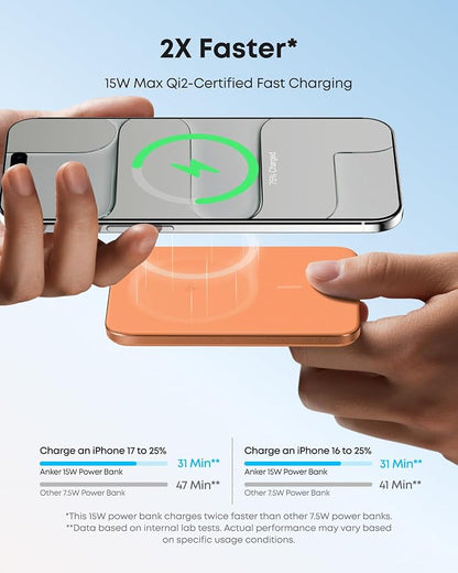 Anker Nano MagSafe Power Bank, Ultra-Slim 5,000mAh Magnetic Wireless Charging Battery, Qi2 Certified 15W Max MagSafe-Compatible Portable Charger, Ergonomic Design, for iPhone Air/17/16 Series