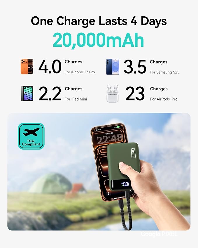 INIU Portable Charger, Smallest 22.5W 20000mAh USB C in & Out Power Bank Fast Charging, PD 3.0+QC 4.0 LED Display Phone Battery Pack Compatible with iPhone 17 16 15 14 Pro Samsung S24 Google, Green
