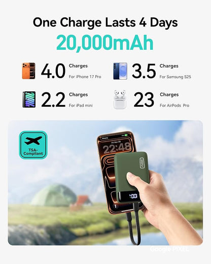 INIU Portable Charger, Smallest 22.5W 20000mAh USB C in & Out Power Bank Fast Charging, PD 3.0+QC 4.0 LED Display Phone Battery Pack Compatible with iPhone 17 16 15 14 Pro Samsung S24 Google, Green