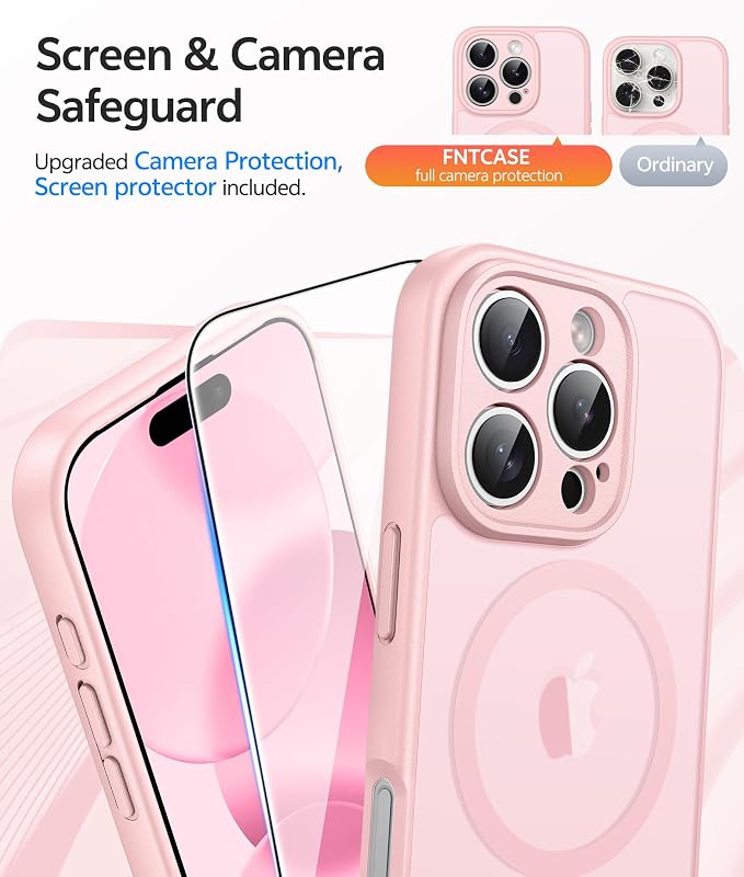 FNTCASE for iPhone 16 Pro Max Case: [Compatible with Magsafe] Translucent Matte Cases with [Full Camera Protection] [Screen Protector] Military Grade Shockproof Protective Phone Cover - Light Pink