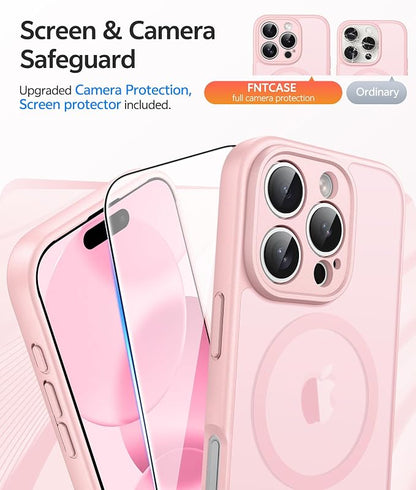 FNTCASE for iPhone 16 Pro Max Case: [Compatible with Magsafe] Translucent Matte Cases with [Full Camera Protection] [Screen Protector] Military Grade Shockproof Protective Phone Cover - Light Pink