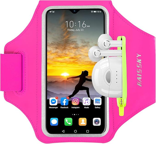 Running Armband with Earphone Bag Cell Phone Armband for iPhone 17 16 15 Pro 14 Plus 13 11 XR, Galaxy S24/S10 Water Resistant Sports Phone Holder Case & Zipper Slot Car Key Holder for 6.7 inch Phone