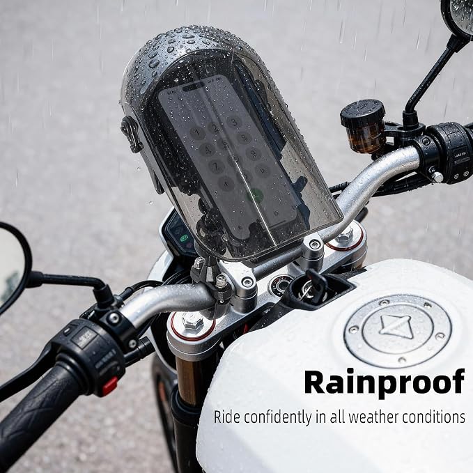 Motorcycle Phone Mount with Vibration Dampener, Waterproof, Sunproof, Aluminum Alloy Handlebar Mounting Base, One-Handed Operation Motorcycle Universal Phone Holder for 4.7"-7.2" Smartphones