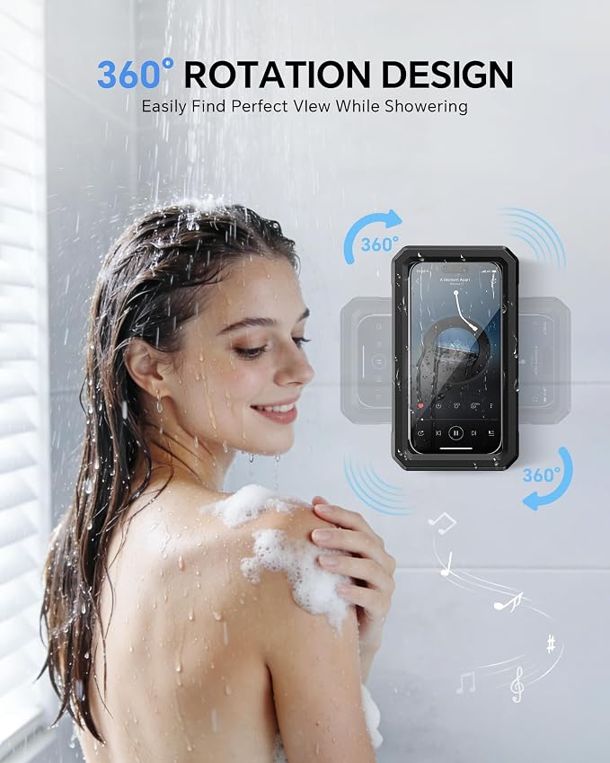 Waterproof Phone Holder for Shower- 480° Rotatable Retractable Adjustable Anti Fog iPhone Case for Shower,Bathroom Accessories Wall Mount Phone Holder for 4-7" Cellphones