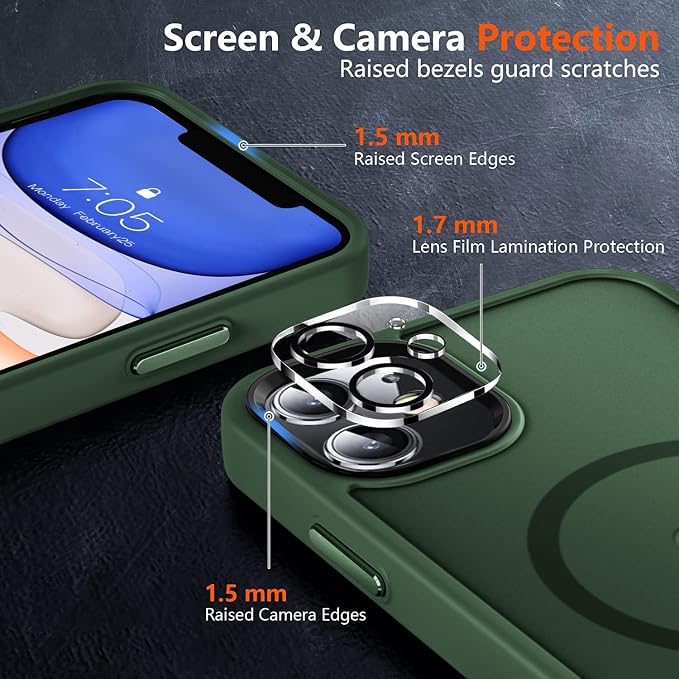 MOCCA Strong Magnetic for iPhone 11 Phone Case,[Compatible with Magsafe][Glass Screen Protector+Camera Lens Protector] Slim Thin Shockproof Cover Case for iPhone 11 6.1 inch, Midnight Green