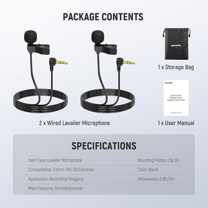 NEEWER Mini Lavalier Microphone (2 Pack), 6.6ft/2m Clip On Wired Condenser Lapel Mic with 3.5mm TRS Plug, Compatible with DJI Mic 2, Rode Wireless Go II, NEEWER CM28 CM31 Camera, LM5