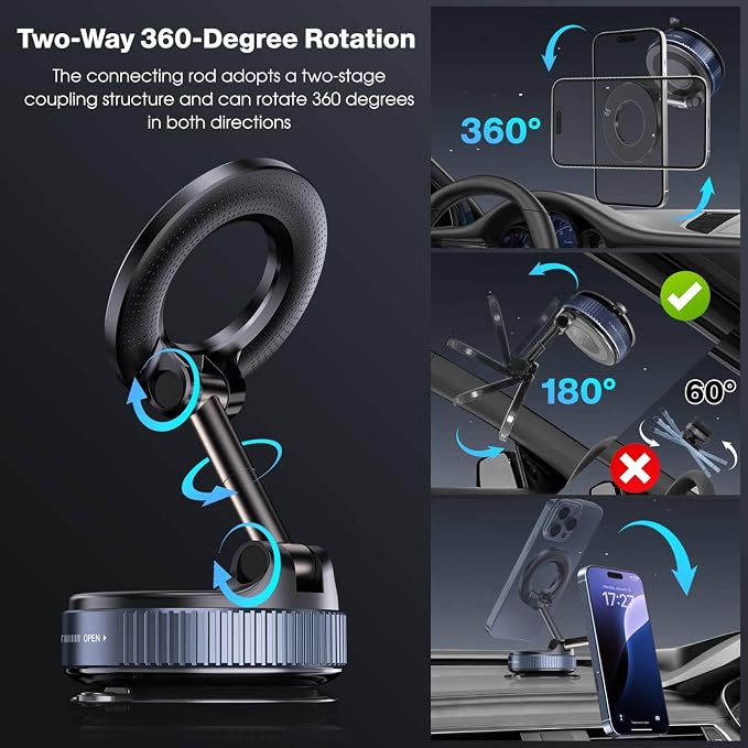 Jikasho Vacuum Magnetic Car Phone Holder for Magsafe, Hands-Free 360° Adjustable Suction Cup Phone Mount for Car/Gym/Mirror/Smooth Surface, Compatible with iPhone & Android (Black)