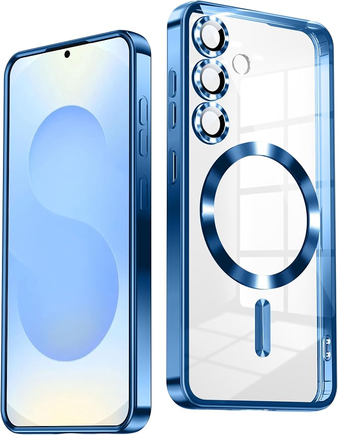 Slim Thin for Samsung Galaxy S25 Plus Clear Case, Compatible with MagSafe, Built-in Camera Lens Protector, Shockproof Protective Phone Case, Electroplated Bumper Cover, Sapphire Blue