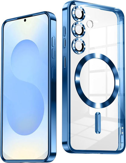 Slim Thin for Samsung Galaxy S25 Plus Clear Case, Compatible with MagSafe, Built-in Camera Lens Protector, Shockproof Protective Phone Case, Electroplated Bumper Cover, Sapphire Blue
