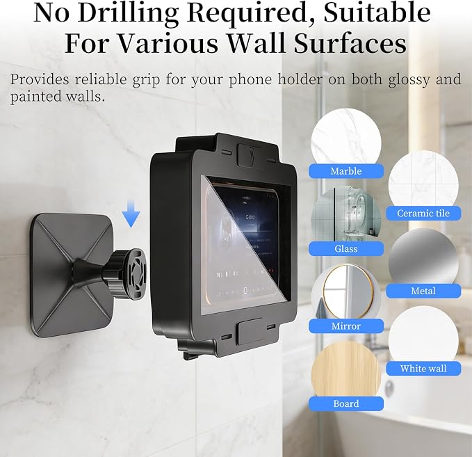 Waterproof Phone Holder for Shower, [Shower Phone Mount] with IPX6 Rating & Anti-Fog Screen, 360° Rotatable [Waterproof Shower Phone Holder] with Strong Suction for iPhone Android 4-7 Inch (Black)