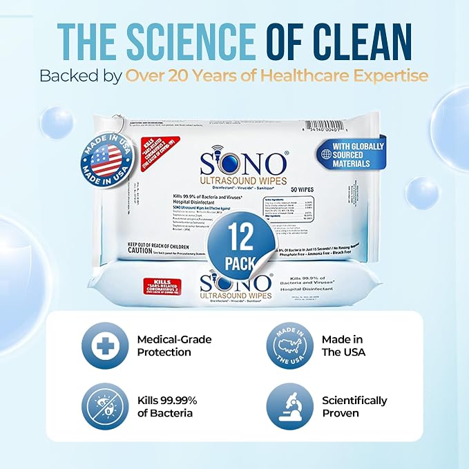 SONO Multipurpose Ultrasound Disinfecting Wipes - Clinical Standard, Daily-Use and Maintenance Wipes, Compatibility Tested on Delicate Ultrasound Equipment - 12 Packs x 50ct (600 wipes)