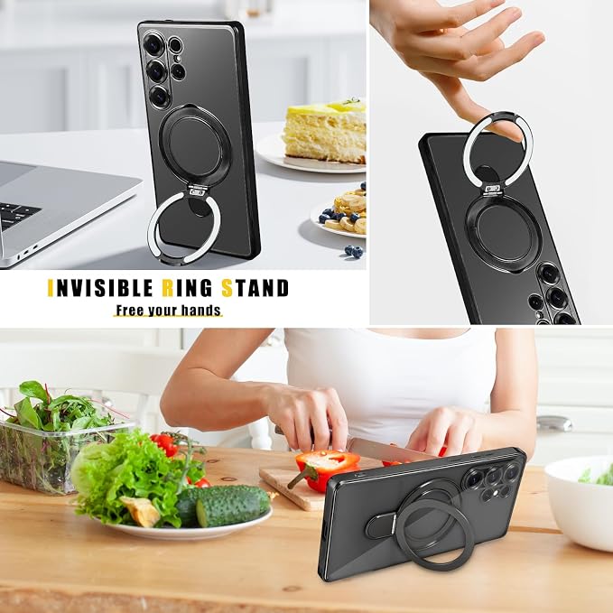 Magnetic for Samsung Galaxy S24 Ultra Case Stand & Ring Holder Compatible with MagSafe Built-in Camera Lens Protector Phone Case for Samsung S24 Ultra - Black