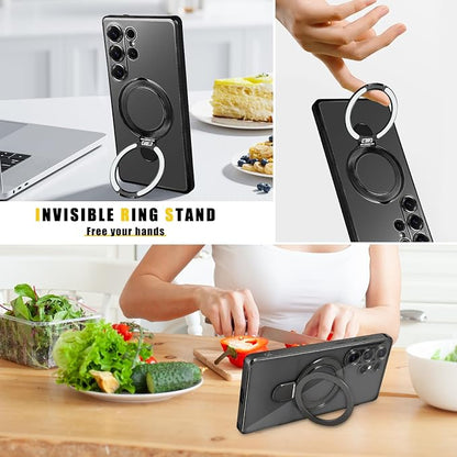 Magnetic for Samsung Galaxy S24 Ultra Case Stand & Ring Holder Compatible with MagSafe Built-in Camera Lens Protector Phone Case for Samsung S24 Ultra - Black
