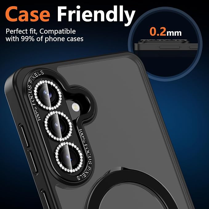 for Samsung Galaxy S26 Plus Camera Lens Protector, Electroplated Matte Back with 9H Tempered Glass Lens Protector, [Strong Adsorption] [Case-Friendly] Metal Ring HD Lens Cover, Black Diamond
