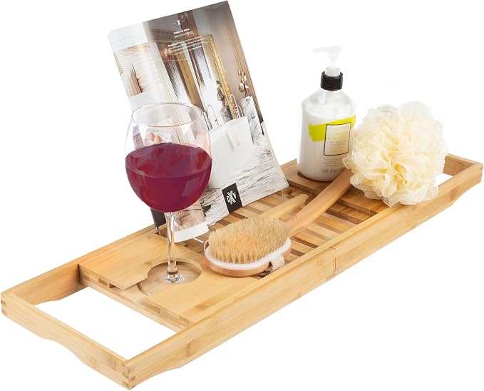 Bamboo Bathtub Tray - Wood Bath Caddy with Book, Phone, or Tablet Rest, Cup Holder, and Extended Sides for Bath Accessories by Lavish Home (Natural)