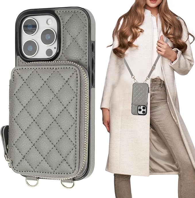 Bocasal Crossbody Wallet Case for iPhone 16 Pro, RFID Blocking PU Leather Zipper Handbag Purse Flip Cover, Kickstand Folio Case with Card Slots Holder Wrist Strap Lanyard 5G 6.3 Inch (Grey)
