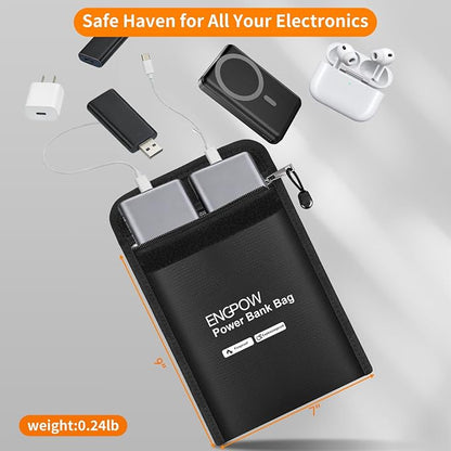 ENGPOW Fireproof Organizer Travel Bag, Heat Insulated＆Explosion-Proof Electronic Carry Case, Portable Home Travel Safe Storage for Power Bank,Phone,Cables,USB Drive and Charging Protection, 9''x7''