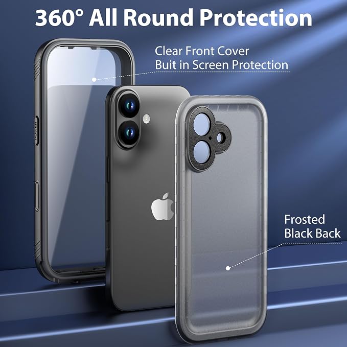 SPORTLINK for iPhone 17 Waterproof Phone Case - Built in Screen Protector/Shockproof/Military Rugged Dropproof/Dustproof/Heavy Duty, 360 Full Body, Protective Cover for iPhone 17 6.3 inch Black