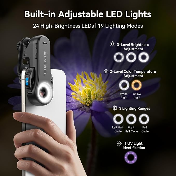 Evil Eye 40X-80X-120X Phone Microscope, Digital Microscope with CPL Filter, 16 LED, 8 UV LED, Wheel Design, Portable Microscope with Universal Clip, Ideal for iPhone 17/16/15/14/13, Samsung & Android