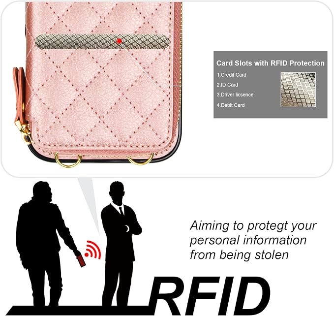 Bocasal Crossbody Wallet Case for iPhone 17 Air, RFID Blocking PU Leather Zipper Handbag Purse Flip Cover, Kickstand Folio Case with Card Slots Holder Wrist Strap Lanyard 5G 6.5 Inch (Rose Gold)
