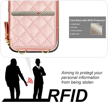 Bocasal Crossbody Wallet Case for iPhone 17 Air, RFID Blocking PU Leather Zipper Handbag Purse Flip Cover, Kickstand Folio Case with Card Slots Holder Wrist Strap Lanyard 5G 6.5 Inch (Rose Gold)