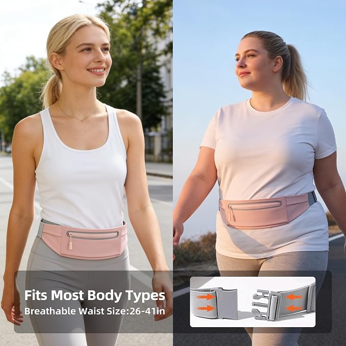 Slim Running Belt for Men Women - No-Bounce Phone Holder Waist Pack, Runners Fanny Pack with Sweat-Proof Pocket ，Travel Money Pouch for Gym/Hiking/Cycling (Light Pink)