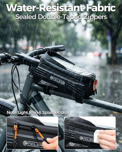 Bike Phone Front Frame Bag, Water-Resistant Bicycle Top Tube Bag, Sensitive Touch Screen Bike Phone Mount Holder for Road Mountain E-bike, Cycling Pouch, Bike Accessories for Phones