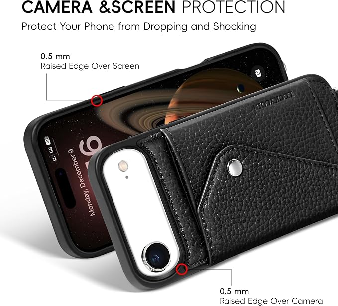 LUCKYCOIN for iPhone Air Crossbody Wallet Case – Genuine Leather Phone Purse with Adjustable Strap and Card Holder,Lanyard Phone Purse Case for Women,Pebble Grain Black