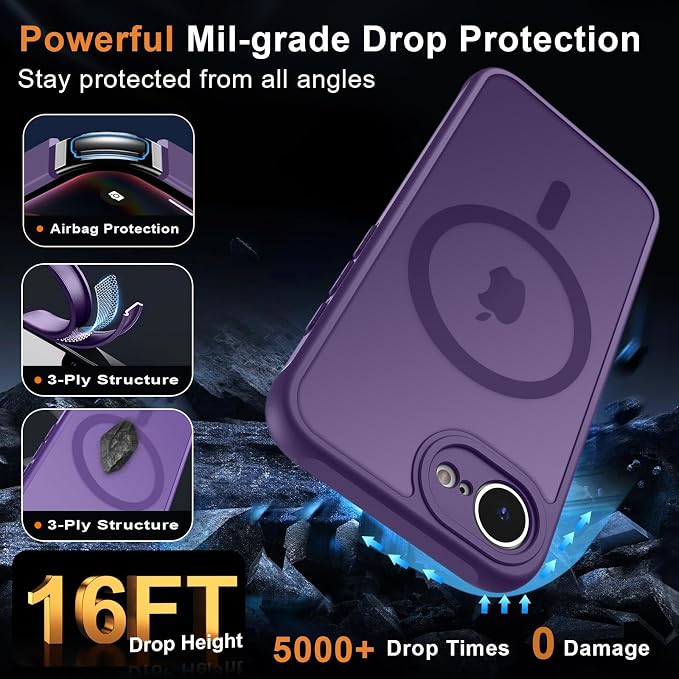 MOCCA Strong Magnetic for iPhone 17e Case/iPhone 16e Case [Compatible with Magsafe] [Full Camera Protection] Slim Translucent Matte Shockproof Phone Case for iPhone 17e / 16e 6.1", Deep Purple
