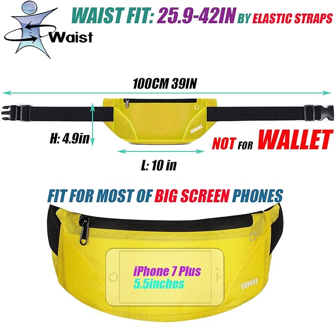 USHAKE Running Belt,Men or Women Ultra Light Bounce Free Waist Pouch Bag Fitness Workout Belt Sport Waist Pack Exercise Waist Bag for iPhone Samsung LG in Running Gym Marathon (YELLOW)