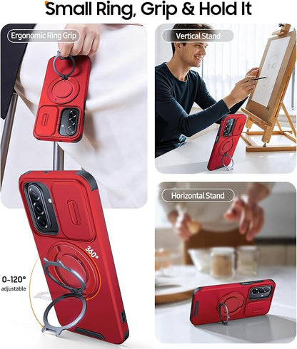 JAME for Samsung Galaxy A17/A16 5G Case, Ring Holder Stand, Slide Camera Cover, 2 Pack Screen Protectors, Dual-Layer Shockproof Protective, Magnetic Accessory Friendly Galaxy A16/A17 4G Case, Red