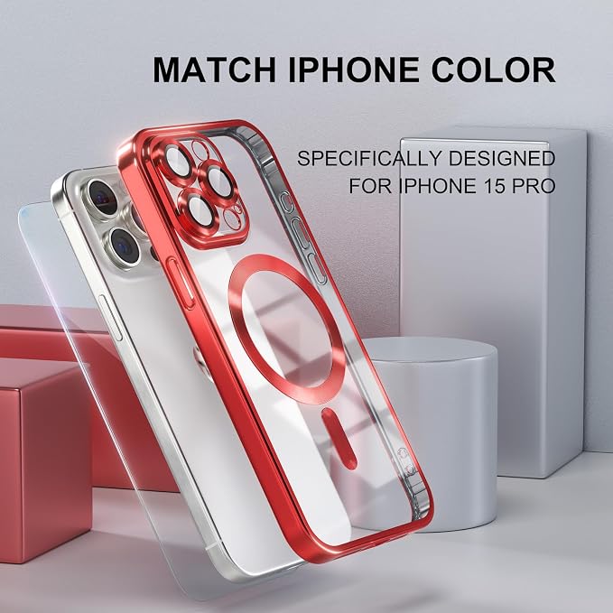 Misea Magnetic for iPhone 15 Pro Case Compatible with MagSafe [Never Yellowing] [Military Grade Drop Protection] Full Camera Lens Protector Plating Soft Clear Phone Case for Women Girls, Red