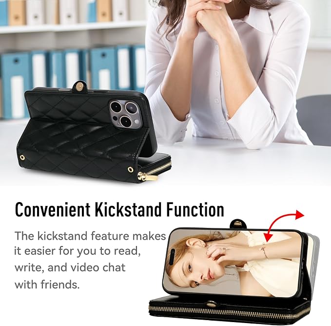 Rssviss Crossbody Case for iPhone 16 Pro, RFID Blocking Leather Case Wallet with Kickstand, Zipper Flip Cover with Wrist Strap, Black