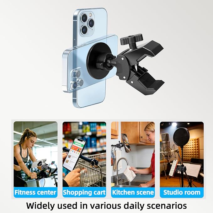 Magnetic Phone Holder Mount - N52 Strong Magnet, for Treadmill, Stroller, Golf Cart, Gym (Compatible with Peloton), Shopping Cart - MagSafe Compatible for MagSaf e iPhone 12-17 Series