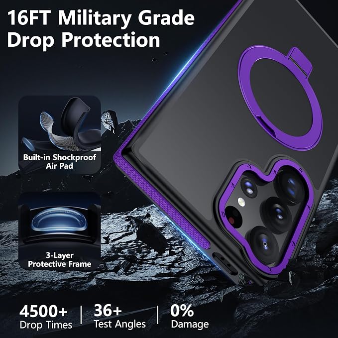 for Samsung Galaxy S22 Ultra Case, Magnetic Adjustable Ring Stand [Fit for Magsafe], [Military-Grade Shockproof Protection] Phone Case for S22 Ultra Case with Kickstand&Ring Holder (Purple)