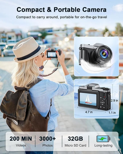 4K Digital Camera with WiFi 64MP Autofocus Vlogging Camera Compact Travel Cameras for Photography, 3" 180° Flip Screen 16X Zoom Flash Anti-Shake, Point and Shoot Camera for Beginner, Easy to Use