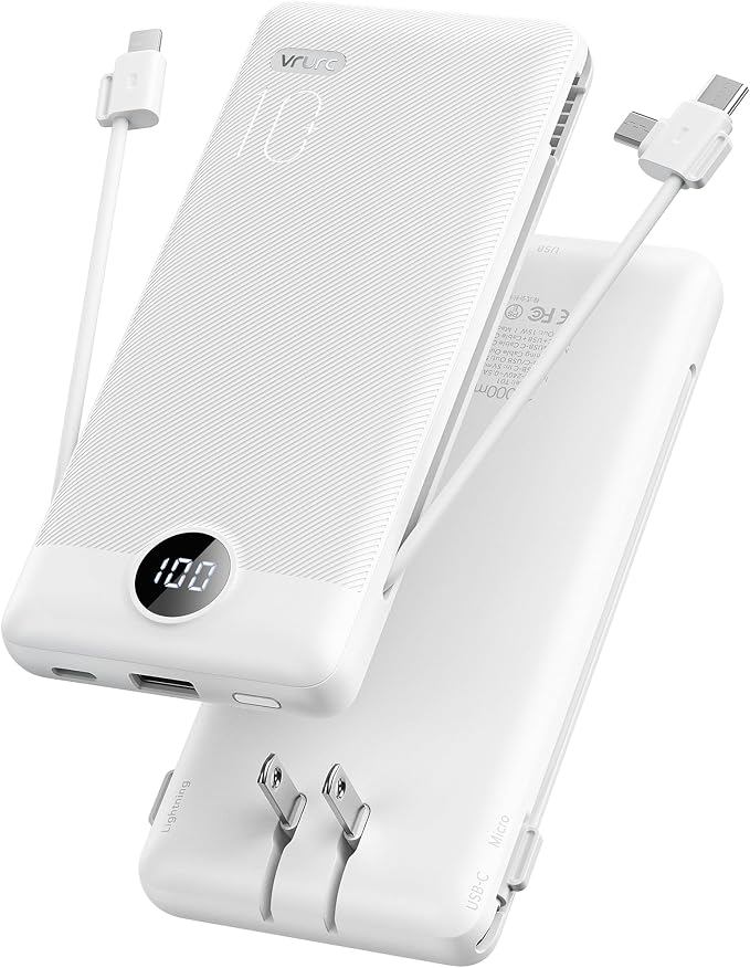 VRURC Portable Charger, Power Bank Built-in Cables and AC Wall Plug | USB C Power Bank 10000mAh Travel Essentials Phone Charger Compact External Battery Pack For Smart Phones, Tablets etc-White