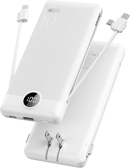 VRURC Portable Charger, Power Bank Built-in Cables and AC Wall Plug | USB C Power Bank 10000mAh Travel Essentials Phone Charger Compact External Battery Pack For Smart Phones, Tablets etc-White