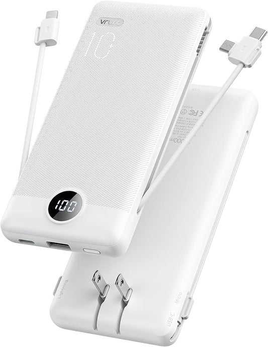 VRURC Portable Charger, Power Bank Built-in Cables and AC Wall Plug | USB C Power Bank 10000mAh Travel Essentials Phone Charger Compact External Battery Pack For Smart Phones, Tablets etc-White