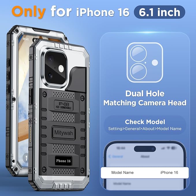 Mitywah Waterproof Case for iPhone 16, Shockproof Heavy Duty Case with Built-in Screen Protector, Underwater Full Body Protective Metal Case 6.1 inch, Silver