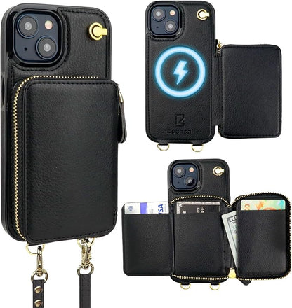 Bocasal for MagSafe Crossbody Wallet Case Compatible with iPhone 15, RFID Blocking Protective Purse Case with Card Slots Holder Kickstand Wrist Strap Lanyard Zipper 6.1 Inch 5G (Black)