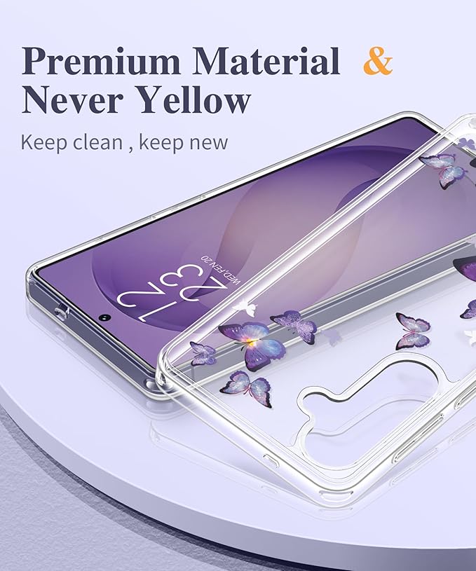 GVIEWIN for Samsung Galaxy S26 Case, Clear Floral Slim Shockproof Protective Women Phone Case, Non-Yellowing, with Screen Protector&Camera Lens Protector for Galaxy S26 6.3", Alluring Butterfly/Purple