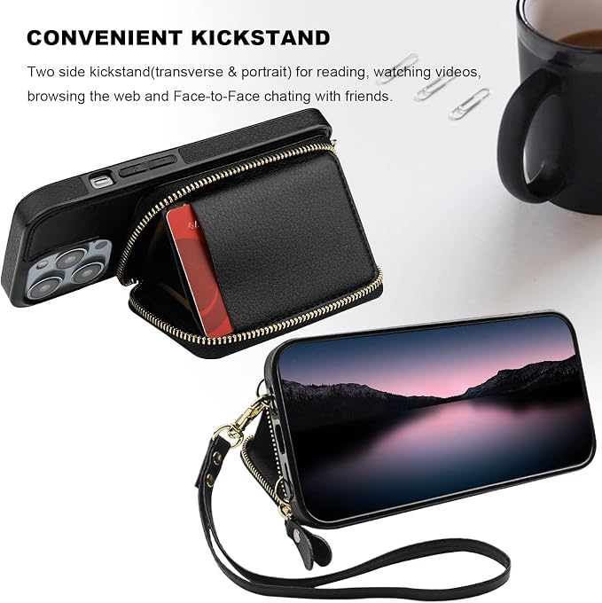Bocasal RFID Blocking Wallet Case for iPhone 14 Pro, Adjustable Crossbody Zipper Purse Case Card Holder with Kickstand Detachable Wrist Strap, PU Leather Flip Folio Case 6.1 Inch 5G (Black)