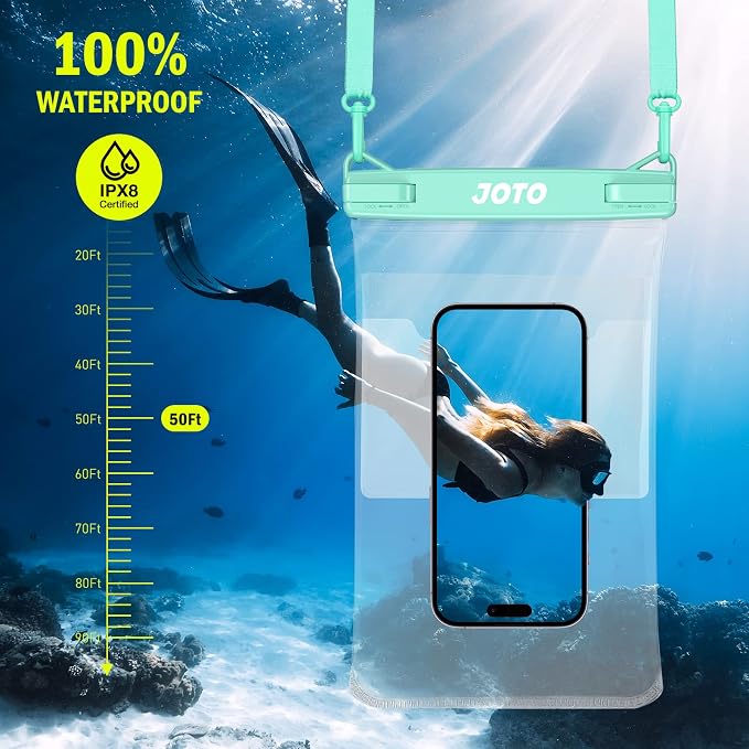 JOTO 2 Pack Large Waterproof Phone Pouch Bag, IPX8 Big Underwater Dry Bag with Lanyard for iPhone 17 Air 16 15 14 Plus Pro Max, Galaxy S24 S23 Ultra, Airpods Cash Credit Card Essentials -Black & Green